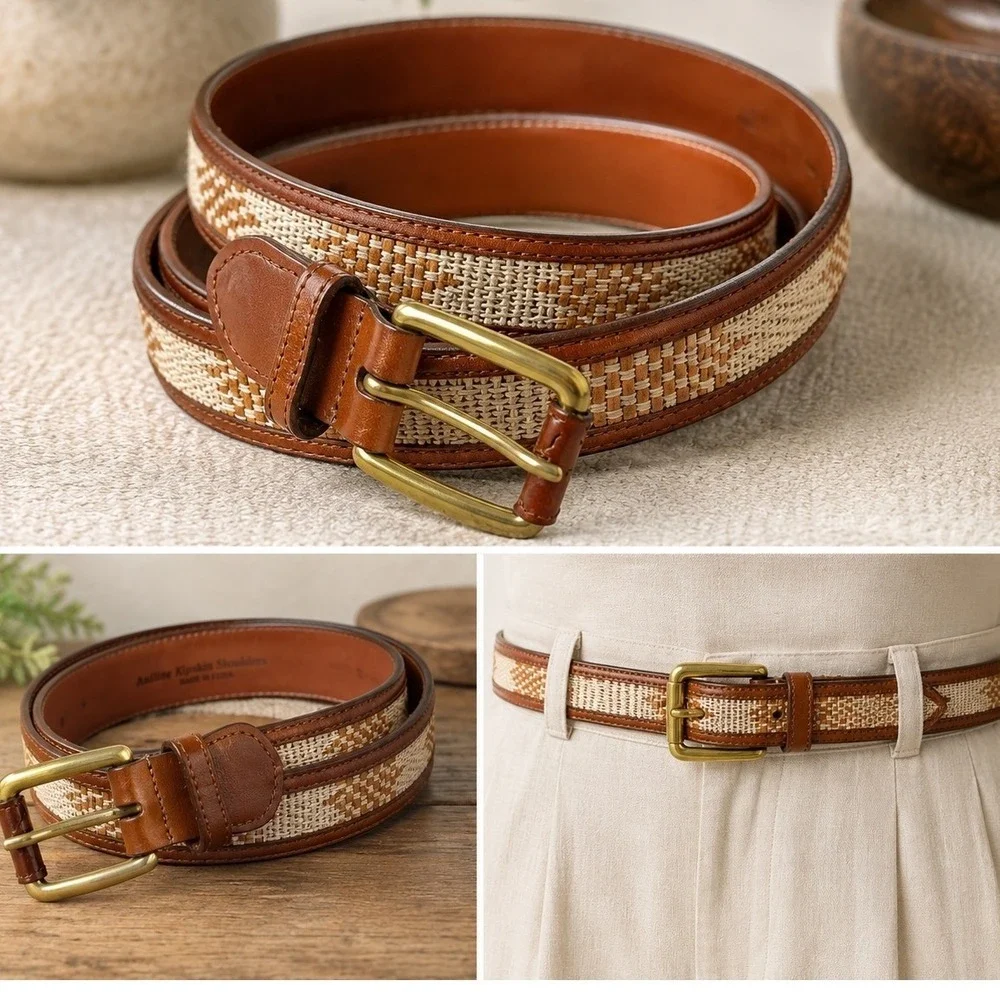 Vtg Aniline Kipskin Leather Woven Inlay Belt Solid Brass Buckle USA Mens 42